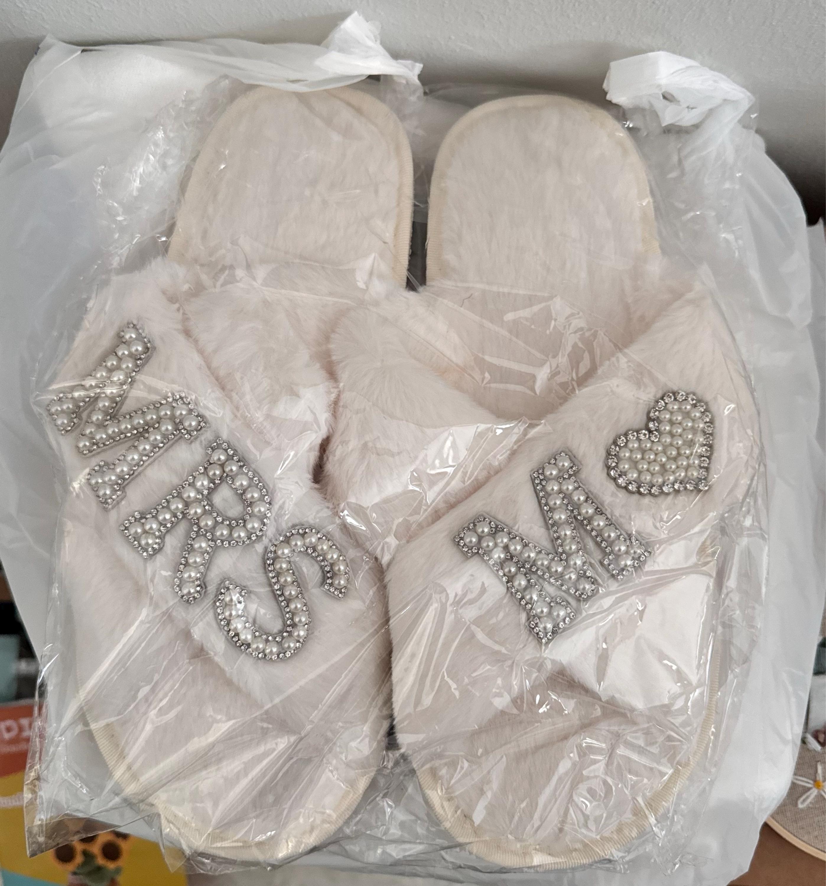 Bridal Mrs Wedding slippers, Custom Mrs Fluffy Slippers with pearls letters, Bridal Shower Gifts, Gifts For Her, Bridal Slippers, Slippers