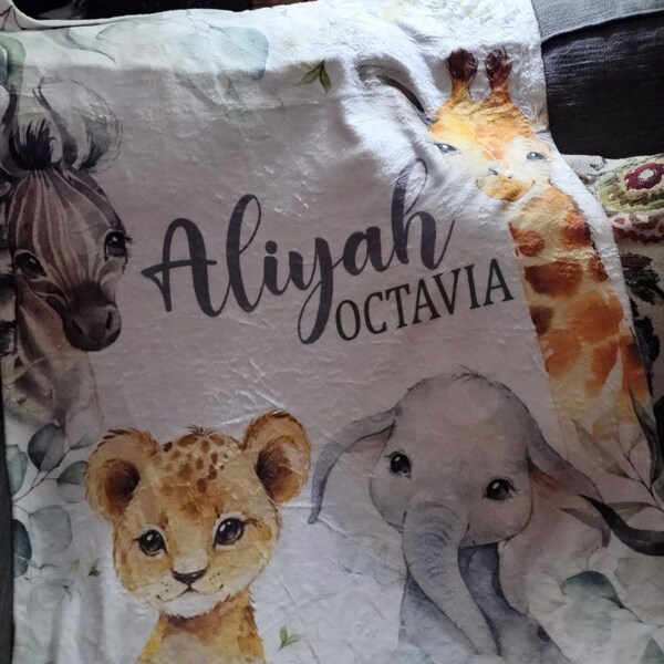 Safari Animals Baby Blanket, Jungle Greenery Personalized Boy Girl Name ...