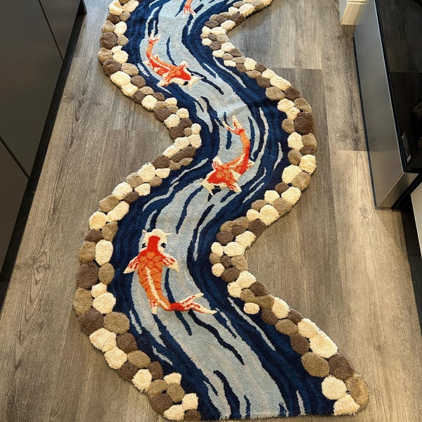 Koi Fish River Nature Inspired Rug | Embossed Hand Tufted Wool Carpet ...