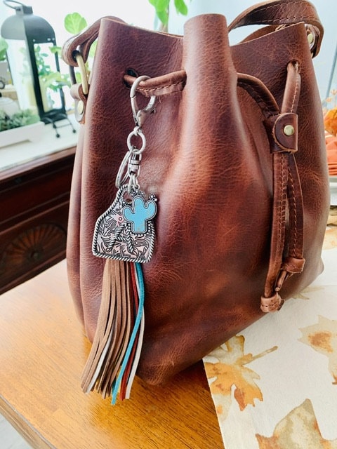 Initial Monogram Keychain/ Turquoise Charm/Initial Cattle Ear Tag Keychain/multi color tassel fringe keychain
