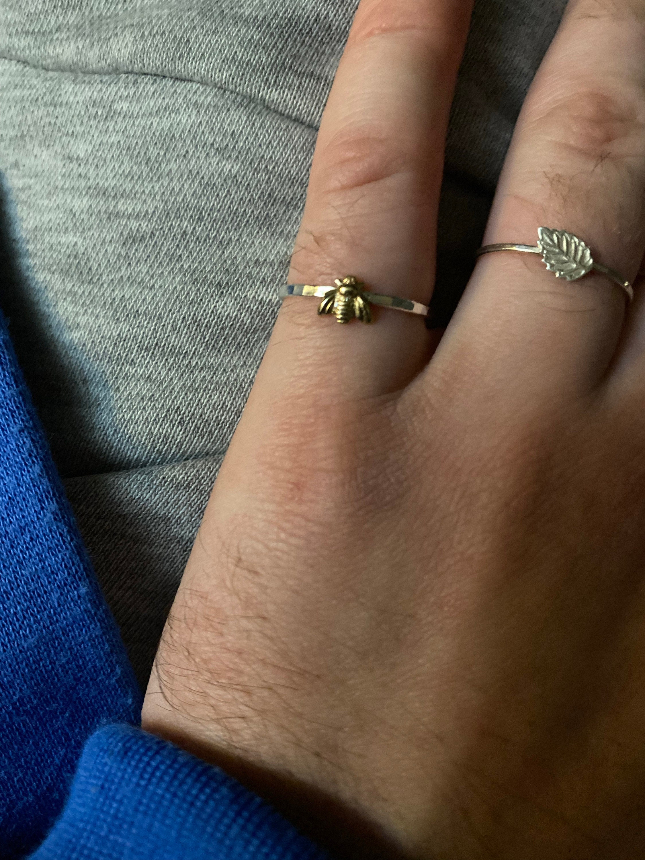 Simple tiny sterling silver bee ring, silver and gold brass stacking ring, hammered band ring, gift for women