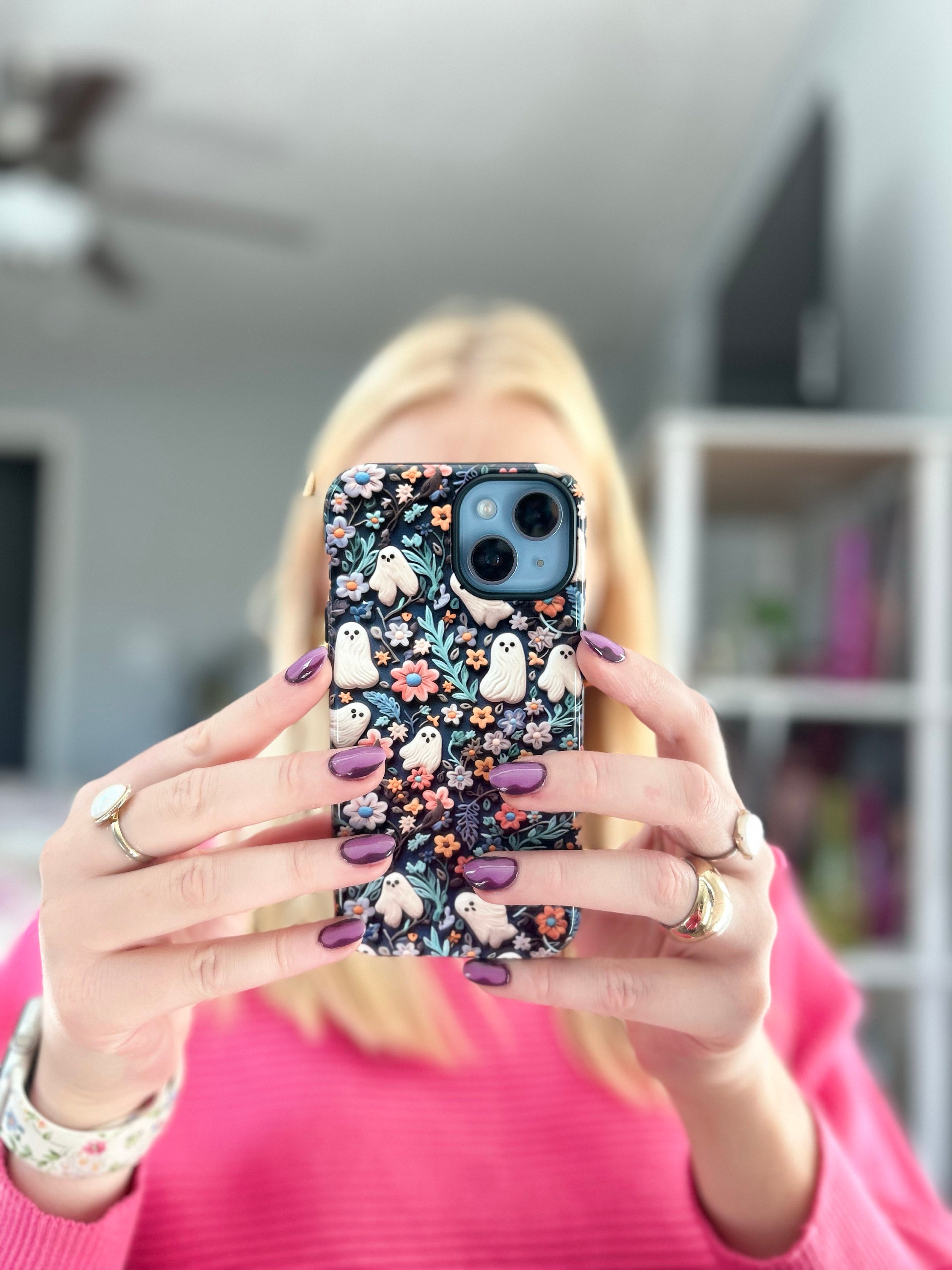 Ethereal Clay Effect Ghosts and Flowers Phone Case | Spooky Ghosts Floral Phone Case | Cute Halloween | MagSafe | iPhone | Pixel | Samsung