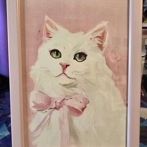 ピンクのリボンをつけた白い猫の絵：ガーリーな子猫アート（デジタル