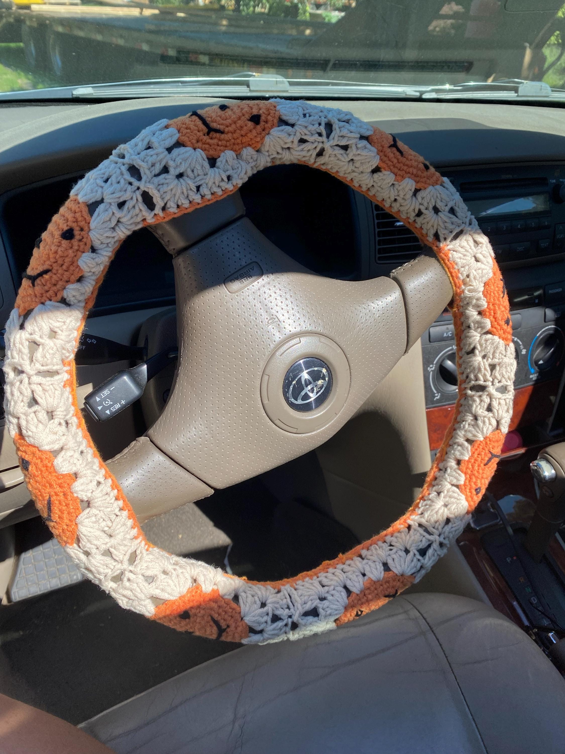Steering Wheel Cover for women, Crochet cute Halloween Pumpkin flower seat belt Cover, Car Accessories decorations