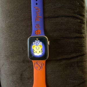 Clemson Tigers Personalized Apple Watch Band Orange Purple Laser
