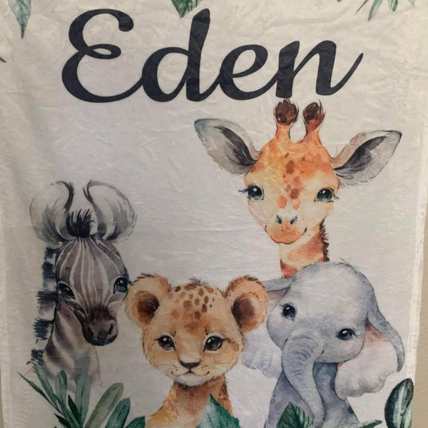 Safari Animals Baby Boy Name Blanket, Jungle Greenery Leaves Forest ...