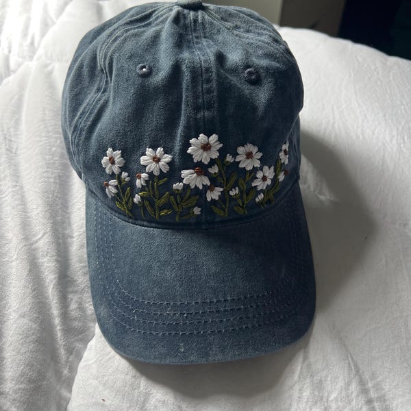 Hand Embroidered Floral Baseball Cap, Embroidered Daisies, Vintage Hat ...