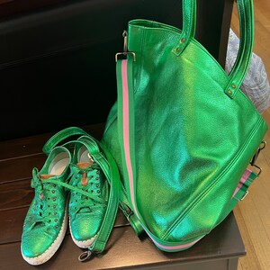 Emerald Green Metallic Leather Tote, Inside Zipper Leather