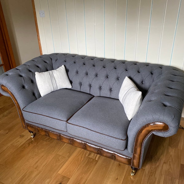 British Handmade 3 Seater Grey Wool & Antique Tan Leather 3 Seater ...