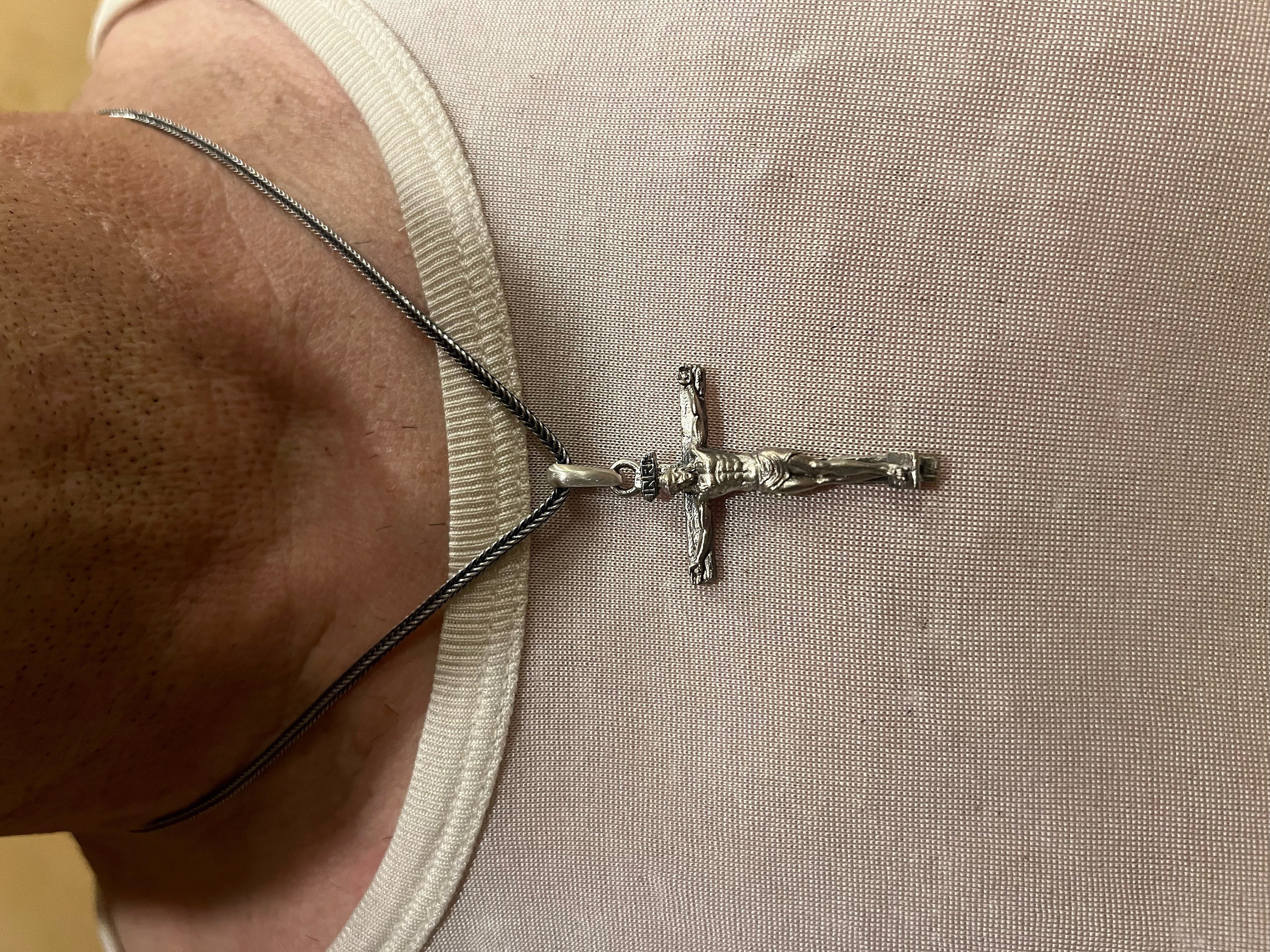 Handmade Silver Jesus Crucifix Necklace,3D Jesus Relief Cross Savior Pendant,Engraved Jesus Religious Charm,Silver Man Necklace,Gift For Men