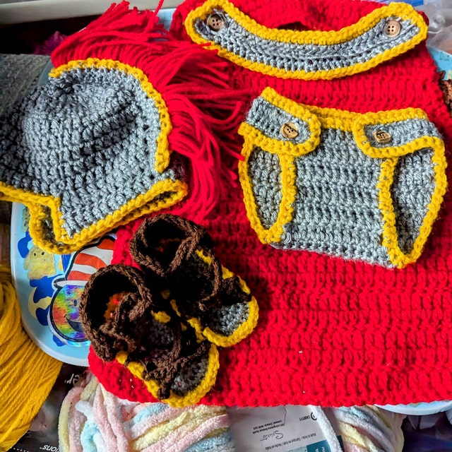 A customer's finished Baby Gladiator Outfit Crochet Pattern