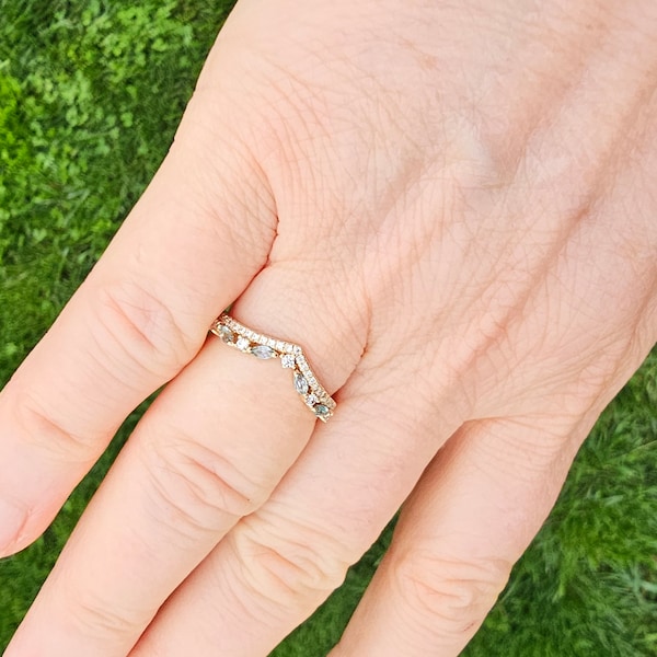 Marquise Shaped Emerald Curved Wedding Band Unique Moissanite Curved ...
