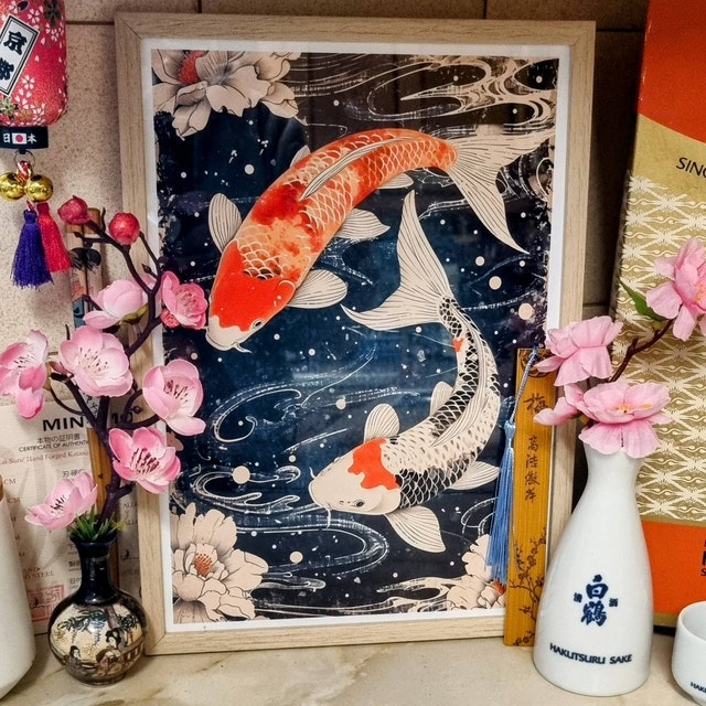 日本の鯉のウォールアートプリント｜日本の木版画、魚、穏やかな禅