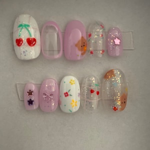 Pink Cherry Bear Flower Spring Summer Hand Painted Mix Reusable Nail L ...