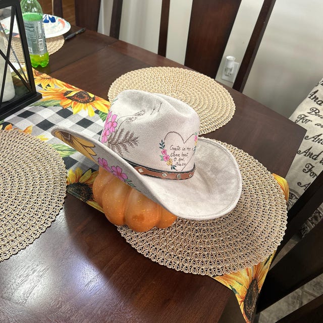 Hand-Painted Floral Cowboy Hat in Tan with Pink Flowers Stupell Industries Pink Floral Cowboy Hat Plants & Flowers  main image 3