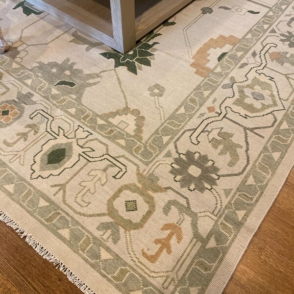 New Oushak Olive Green With Sea Blue Background Modern Oushak Rug Olive