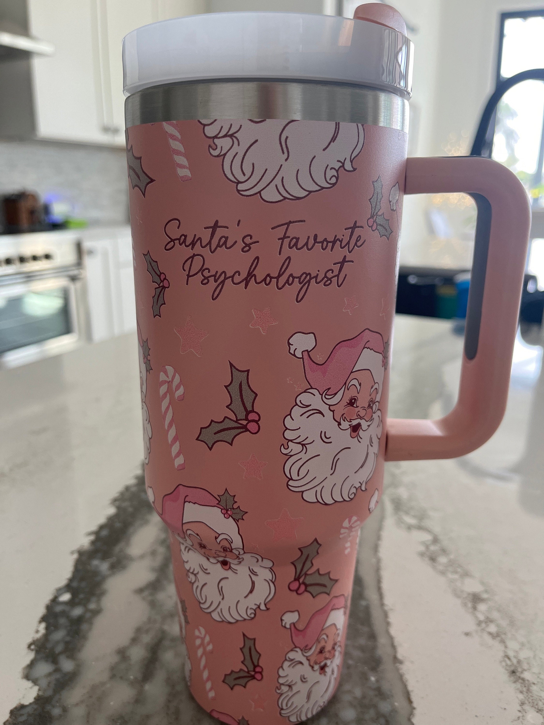 Christmas Pink Santa Claus 40oz Tumbler, Retro Santa Christmas Tumbler, Christmas Family Trip Tumbler, Stainless Steel Tumbler with Straw