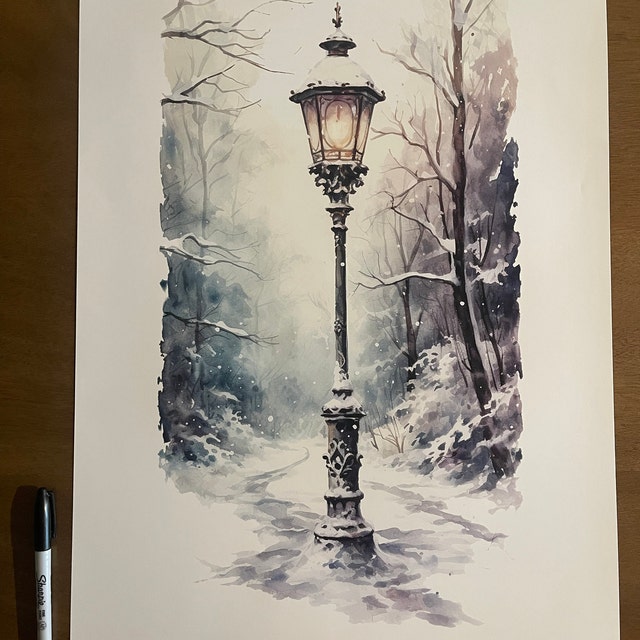 冬の街灯の水彩画、クリスマスデコレーション（デジタルダウンロード