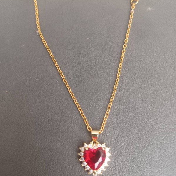Gold Chain Necklace with Red Studded Heart Charm 16