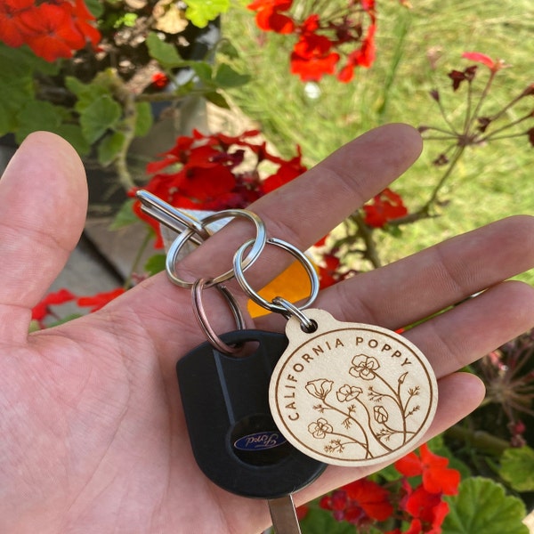 California Poppy Keychain - Engraved Wood Key Chain With Custom Flower ...