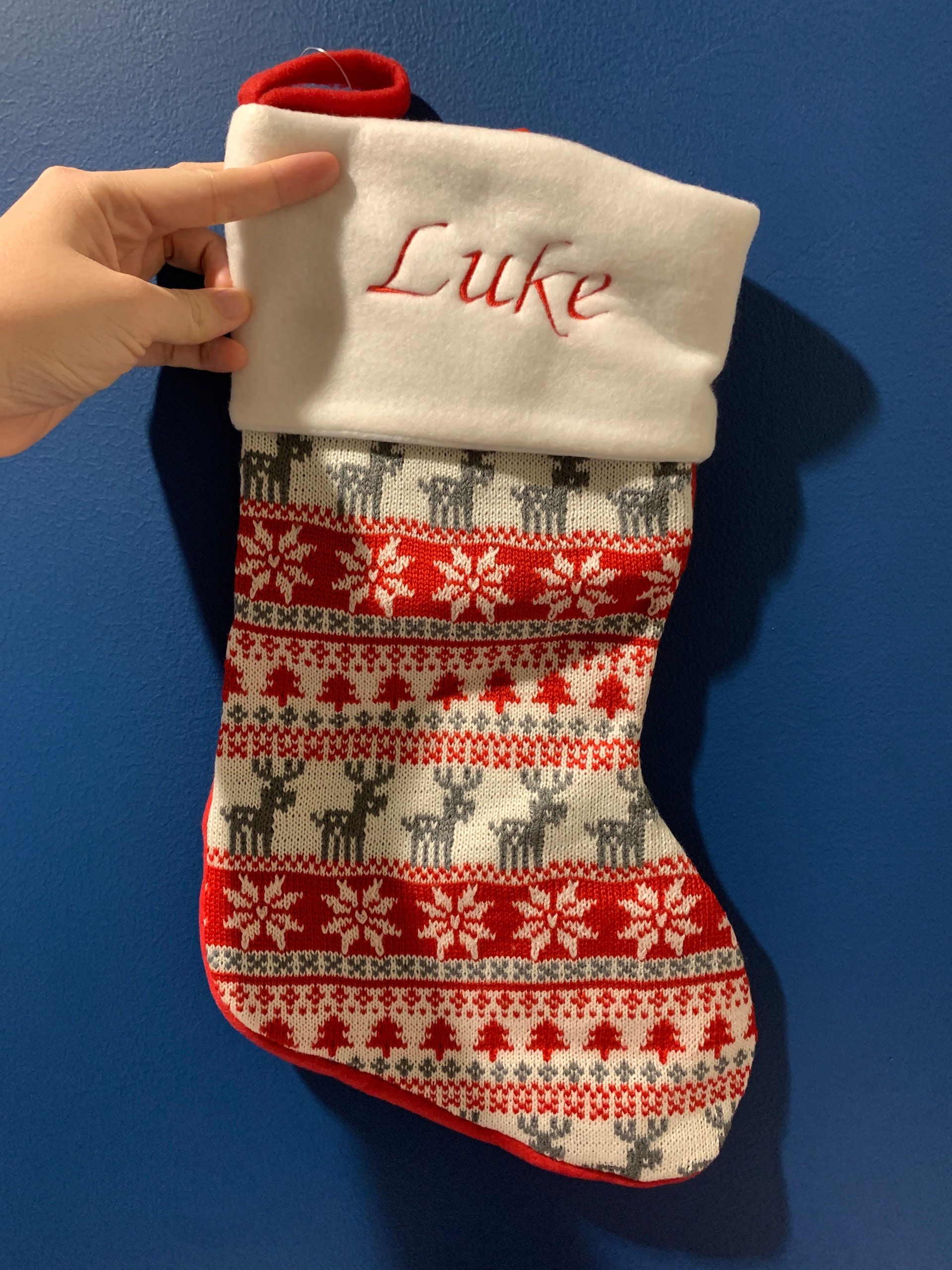 Fairisle Red Stocking - Personalized Christmas Stocking - Reindeer Stocking - Christmas Decor - Kids Christmas Stocking - Monogram Stocki