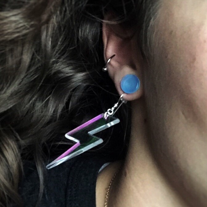 Iridescent Lightning Bolt Earrings, Rainbow Statement Earrings, Thunderbolt Earrings Pierced or Clip-on, Weather Earrings