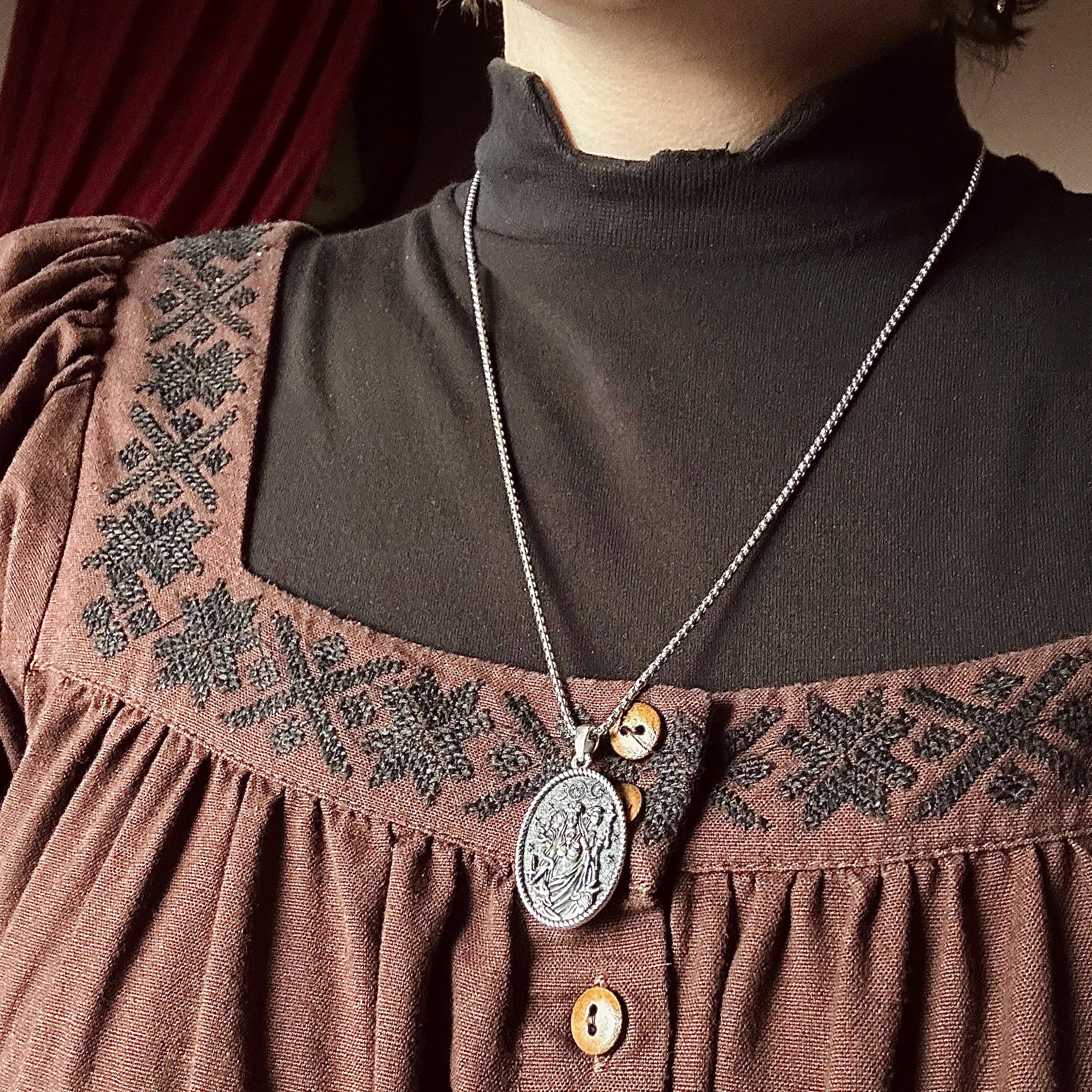 Sterling Silver Exquisite Triple Moon Goddess Necklace, Goddess Statue Medal, Full Moon Hecate Pendant, Occult Jewelry, Feminine Energy Gift