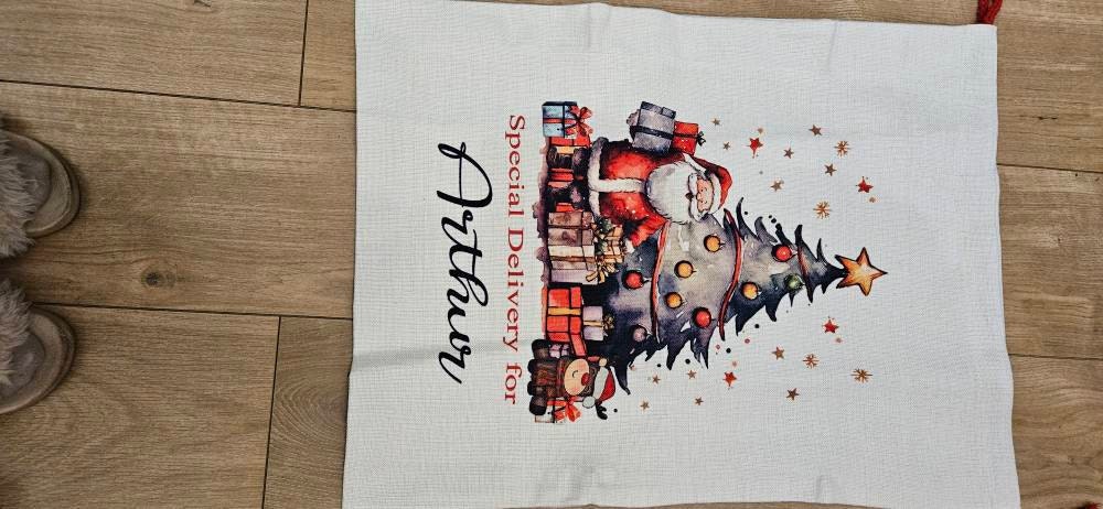 Personalised Santa Sack,Luxury Linen Gift Bag,Christmas Sack Toy Sack/Bag, Snowman, Reindeer, Elf, Festive Ribbon, Presents for Kids, Cute