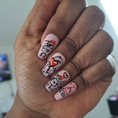 Black and Pink Press on Nails, Luxury Press on Nails, Crystal Black Nails, Press on Nails Long