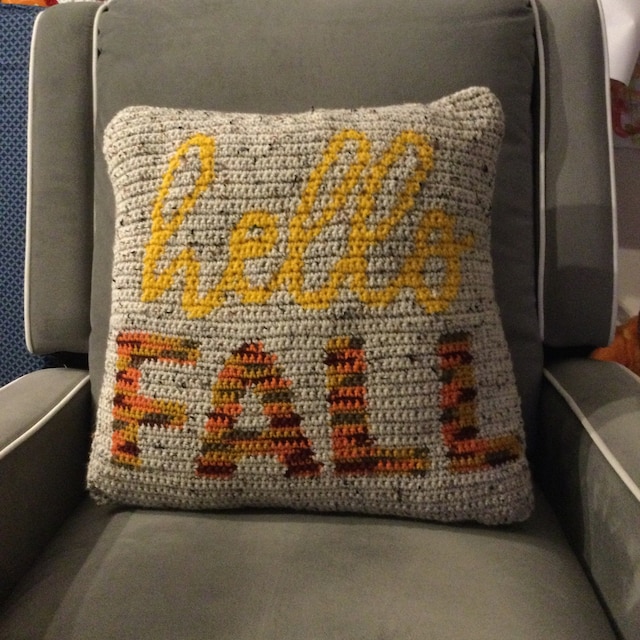 A customer's finished Hello Fall Pillow Cover Crochet Pattern