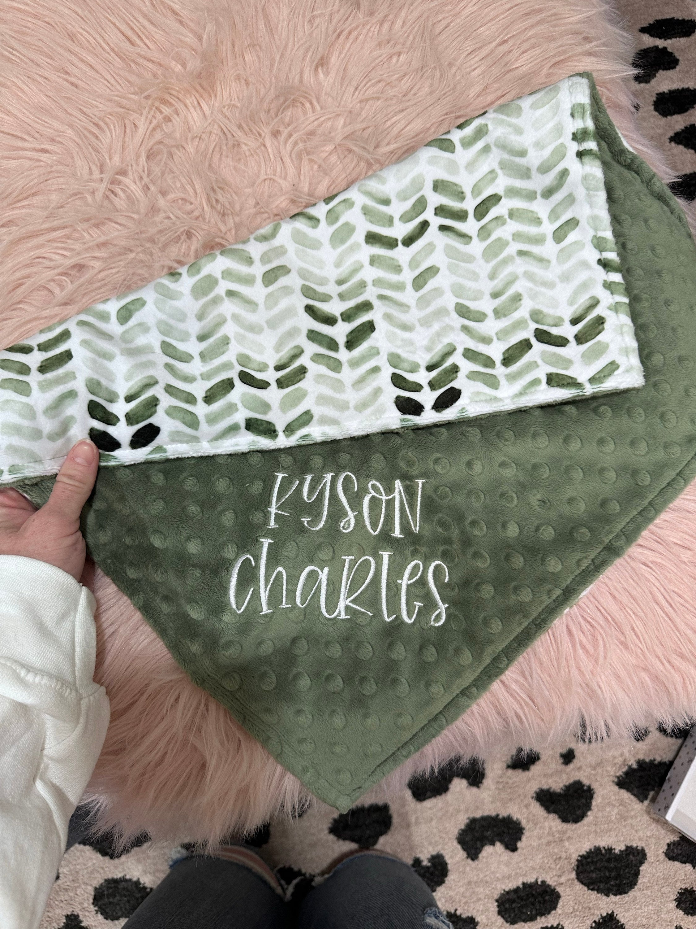 Personalized Blanket for Baby Boy, Green Minky Blanket with Name, Name Baby Shower Gift, Embroidered Minky Blanket for Newborn
