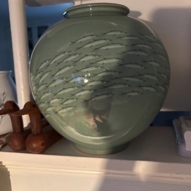 手作りの韓国陶磁器象嵌青磁（상감 청자）月壺 - 魚の群れ、高麗、伝統