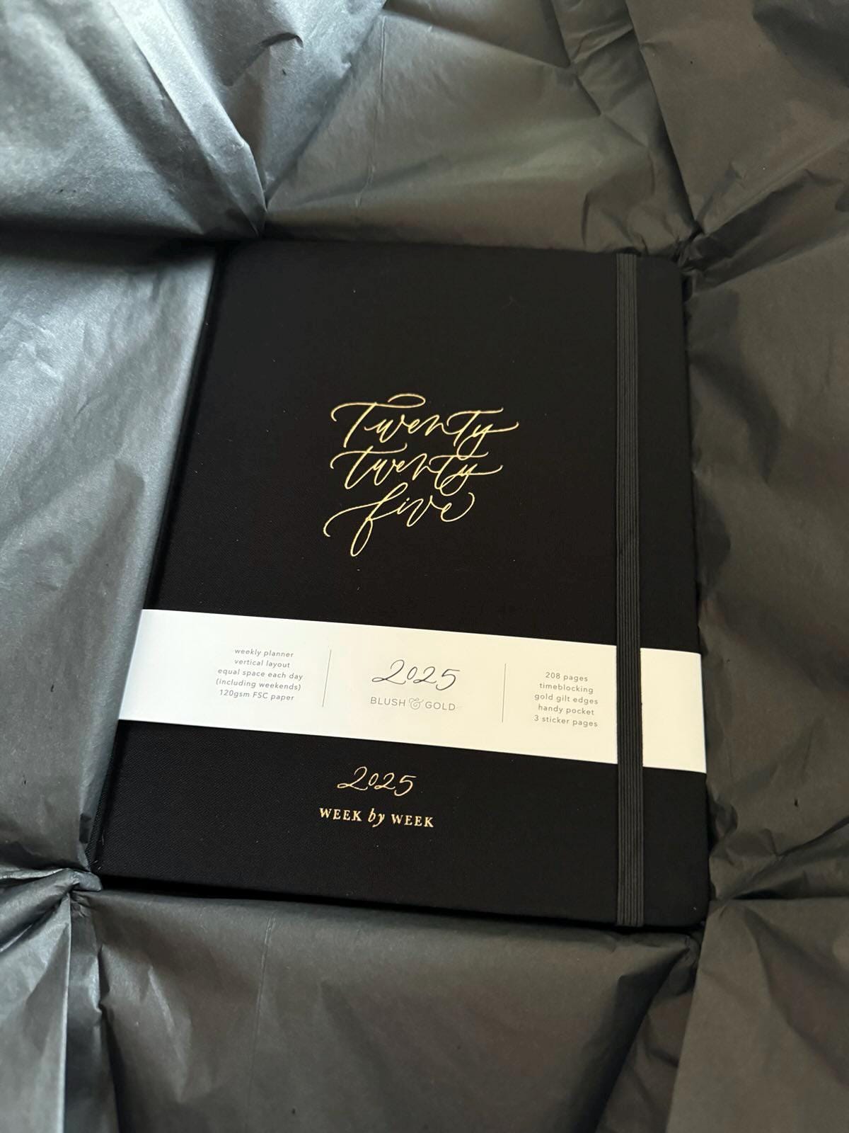2025 Weekly Planner - Black (Cloth), luxury 2025 diary, organiser, gift for her, gilded edges, monthly, weekly planner book,
