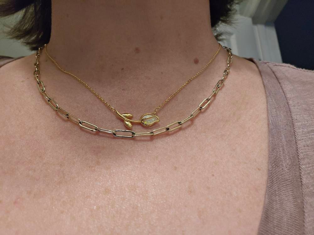 Dainty Encased Opal Tulip Wrap Necklace, Aesthetic, Simple, Gold, Silver Elegant, Minimal Jewelry, bridesmaid, Delicate, Layering Her Gift