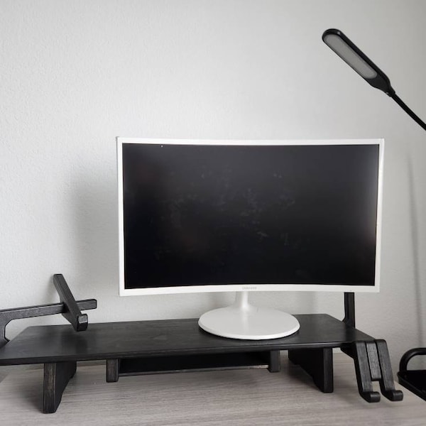 Desk Riser Shelf Setup Dual Monitor Stand Riser, Wood Computer Laptop Stand Organizer, Double ...