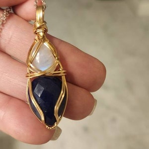 Pendentif En Lapis Lazuli Et Pierre De Lune - Collier Artisanat En Cuivre Plaqué Or 14k, Longueur 45.7 Cm