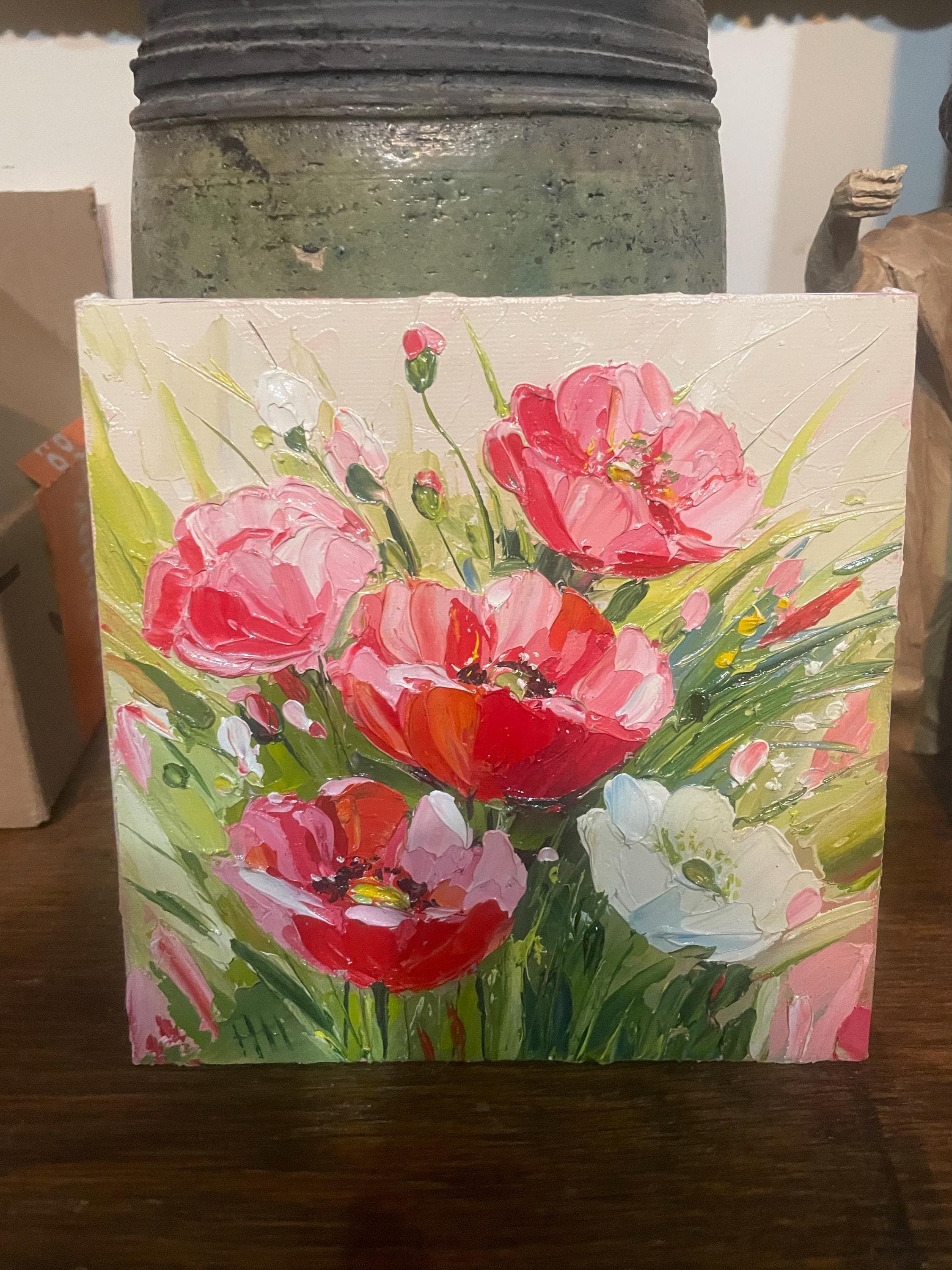 Buyer photo of Colorful Poppies Oil Painting, Original Impasto Palette Knife Bouquet, Textur...