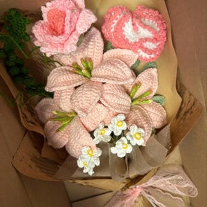 Handmade Crochet flower Bouquet: Knitted lily Amaryllis tulip