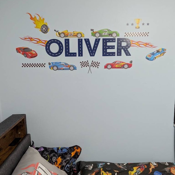 Race Cars Wall Decal for Boys Room - Custom Name Car Bedroom Decor ...