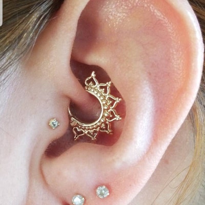 14kt Yellow Gold CZ Floral Beaded Tribal Septum Daith Hinged Clicker Hoop main image 0