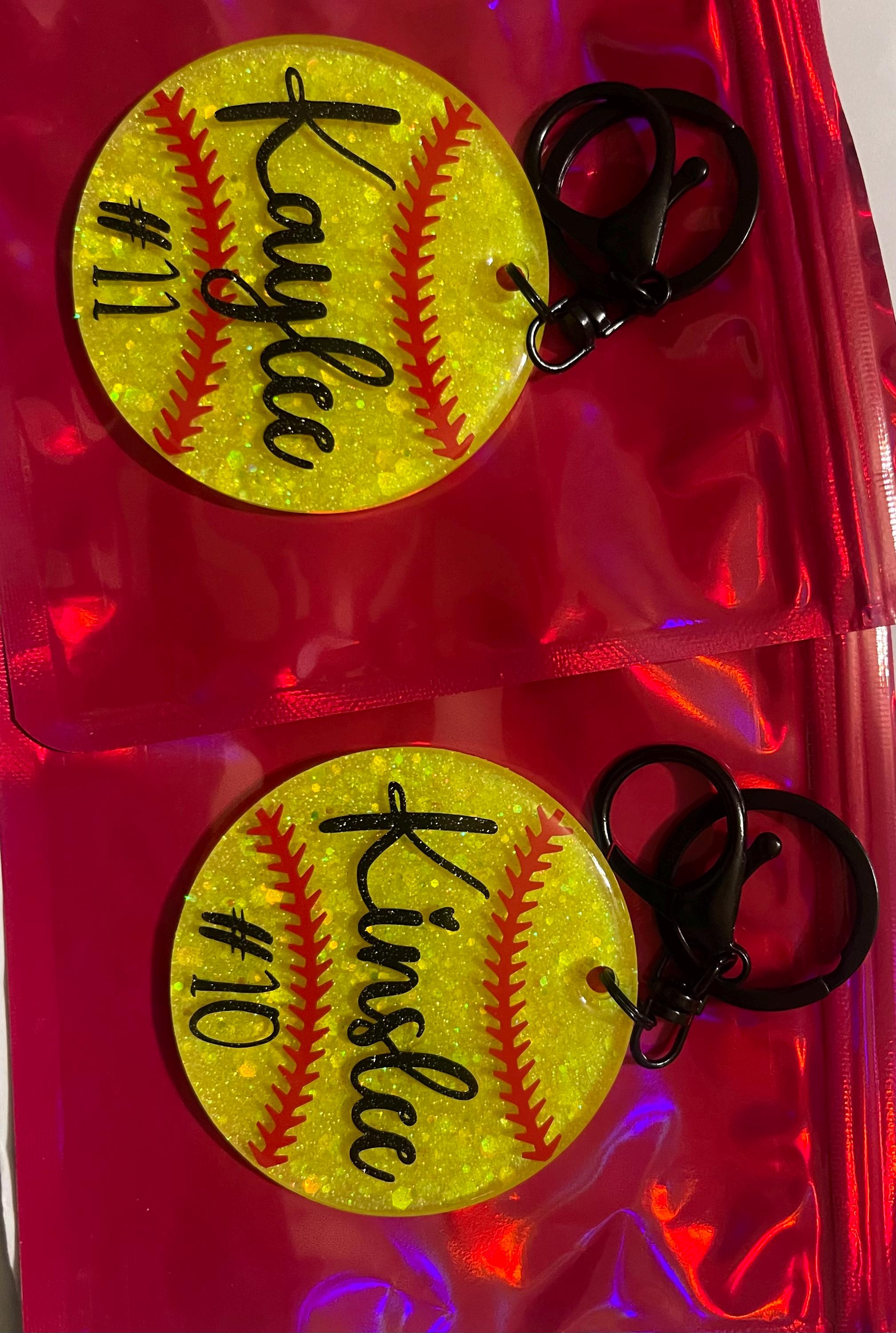 Custom, Glitter Softball Keychain/Bag Tag