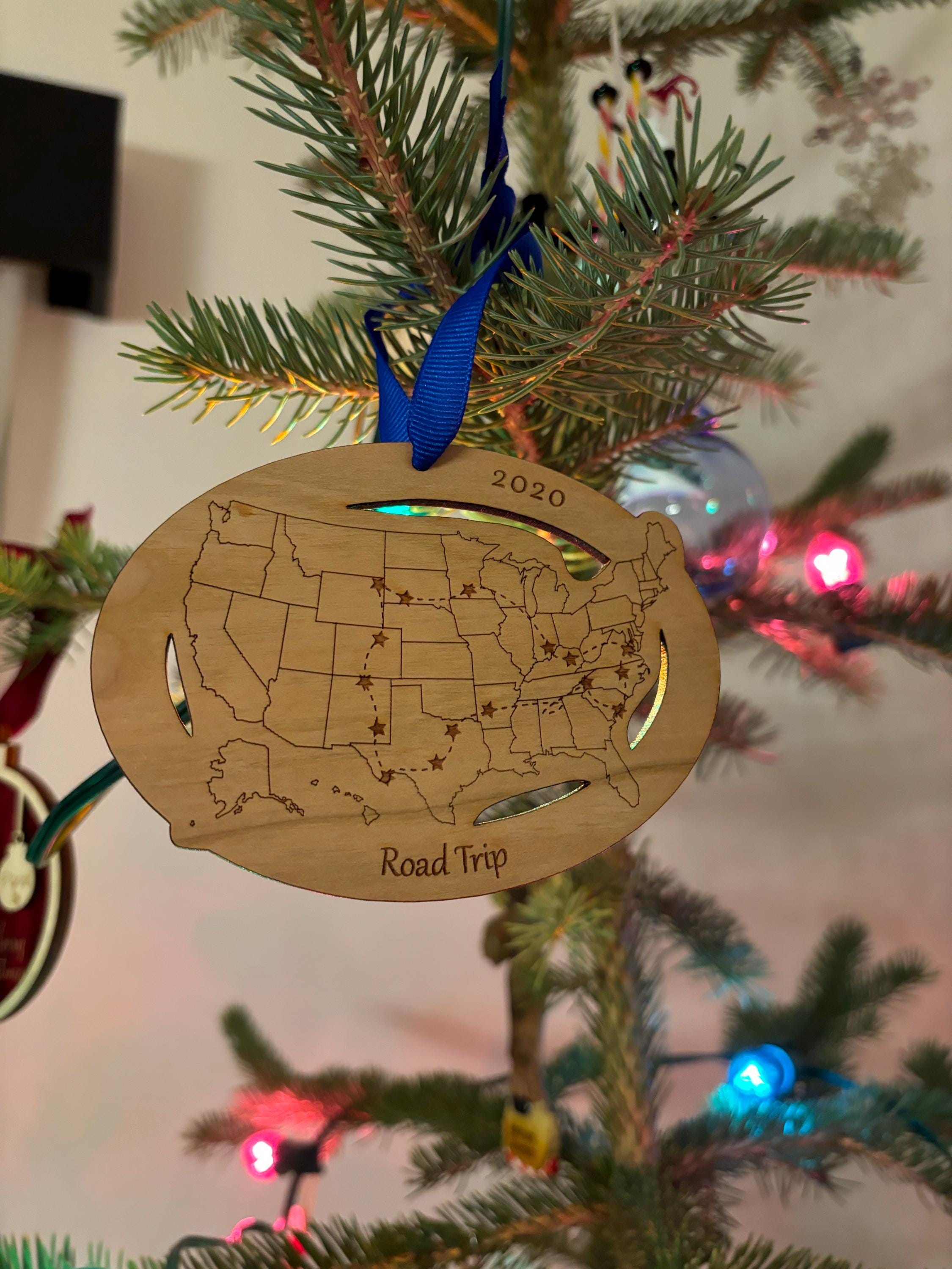 Custom Text and Cities US Map ornament, Road Trip Travel Ornament, long distance relationship, 50 state marathons