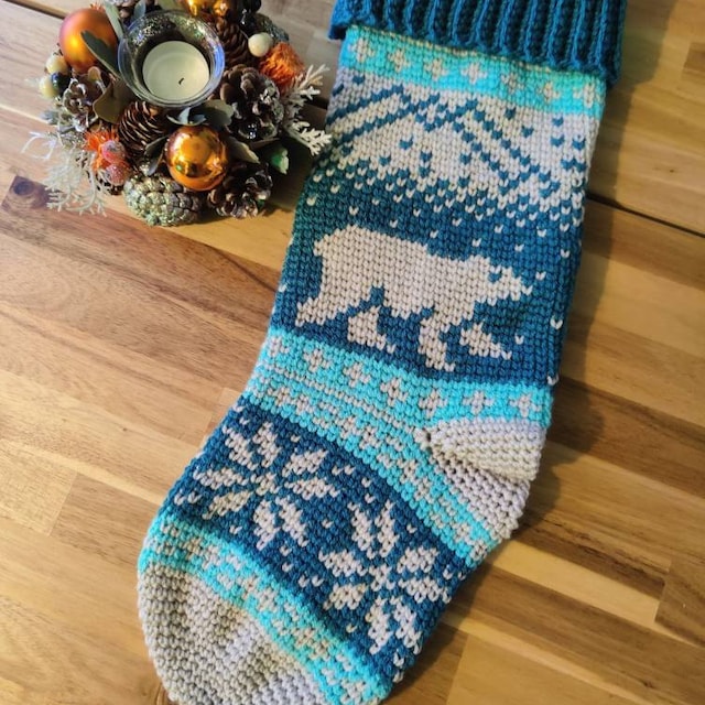 A customer's finished Polar Bear Stroll Stocking Crochet Pattern