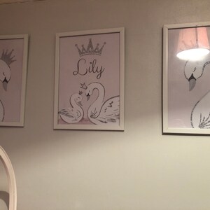 Swan Princess Girls A4 or A3 Nursery Set of Unframed Personalised ...