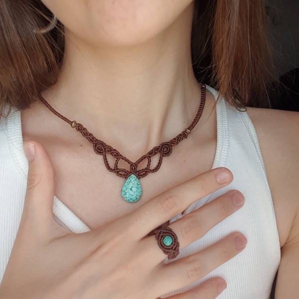 Handmade Macramé Necklace - silver arrow turquoise main image 0