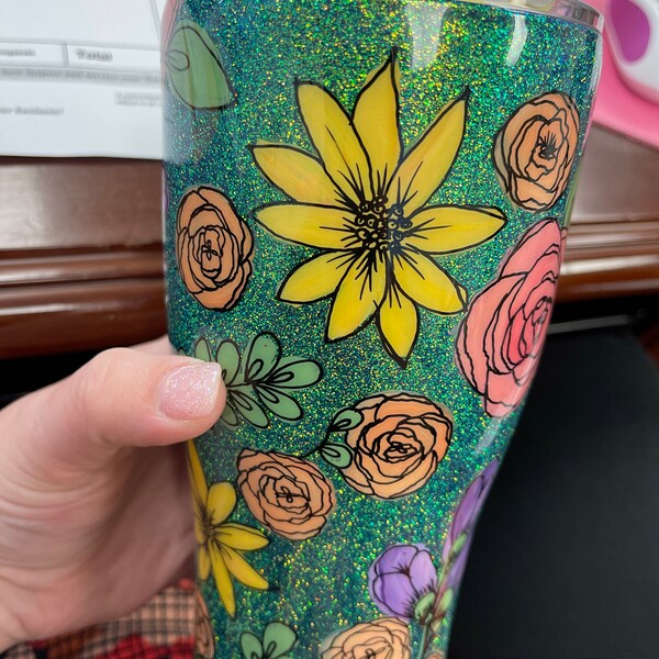 Hand Painted Floral Tumbler - Etsy
