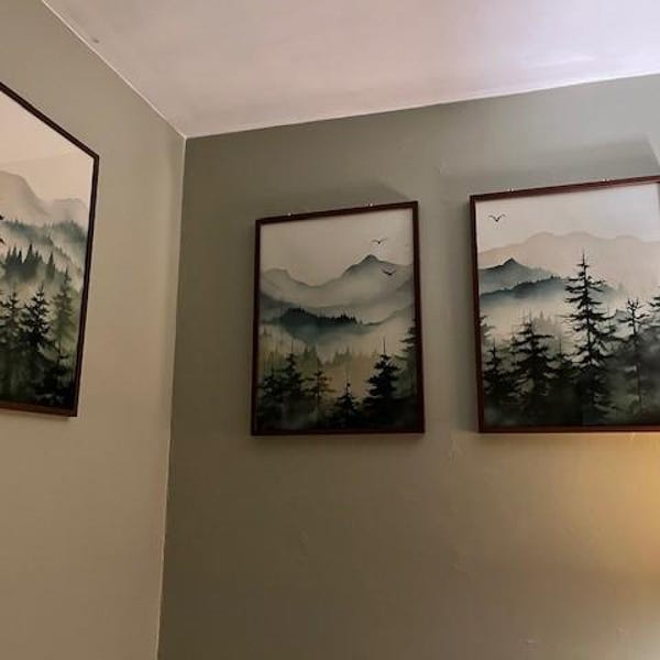 Mountains Wall Art Set of 3 Watercolor Green Forest Tree Mountain Range ...