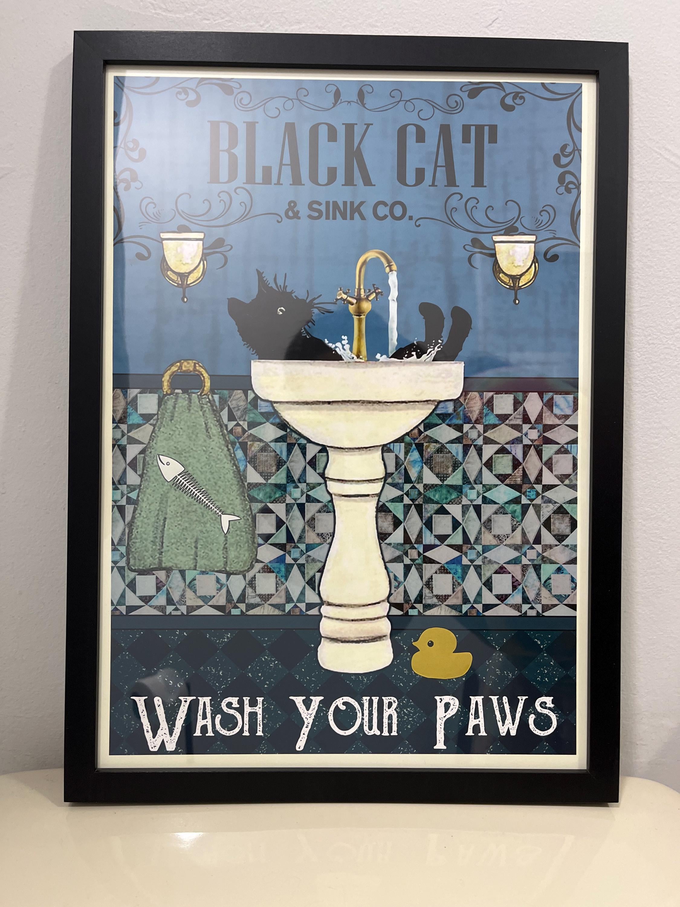 Black Cat Wash Your Paws Poster Bathroom Decoration Print Animal Picture Vintage Wall Art Toilet Restroom Home Decor A4/A3 Framed / Unframed