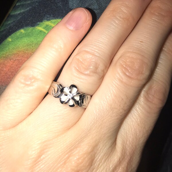 925 Sterling Silver Hawaiian Plumeria Flower Ring, Tricolor Rhodium Finish With Cubic Zirconia, Unbranded, Size Adjustable