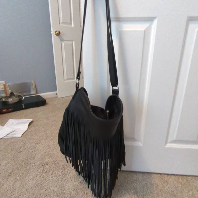 Black Leather Bag With Fringes - Minimalist Handmade Boho